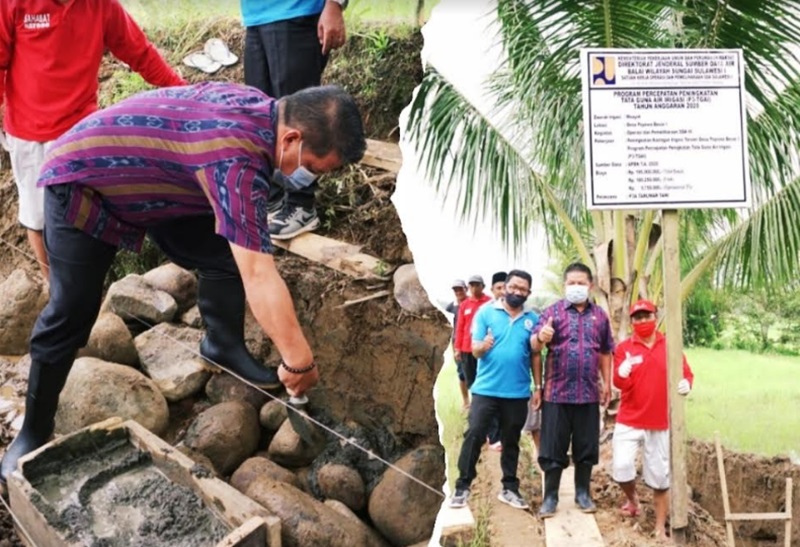 Wakil Wali Kota Nayodo Koerniawan saat melakukan peletakan batu pertama pembuatan saluran air irigasi yang kali ini dibuat di Desa Poyowa Besar I.
