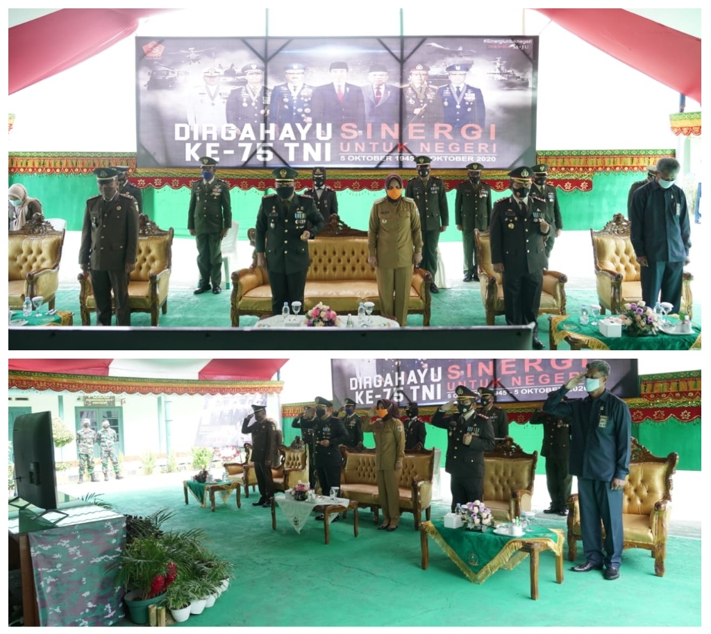 Wali Kota Kotamobagu Ir Hj Tatong Bara saat menghadiri upacara HUT TNI ke 75 di Makodim 1303 Bolmong