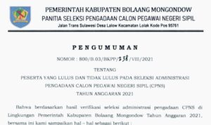 BKPP Bolmong Umumkan Hasil Seleksi Administrasi CPNS Tahun 2021