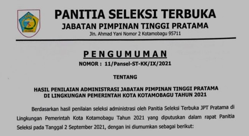 Pansel Umumkan Hasil Penilaian Administrasi JPT Pratama Kotamobagu 2021, Ini Nama-namanya