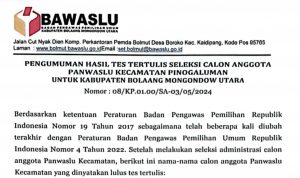 Pengumuman Tes Tertulis Calon Panwaslu Kecamatan se Bolmut