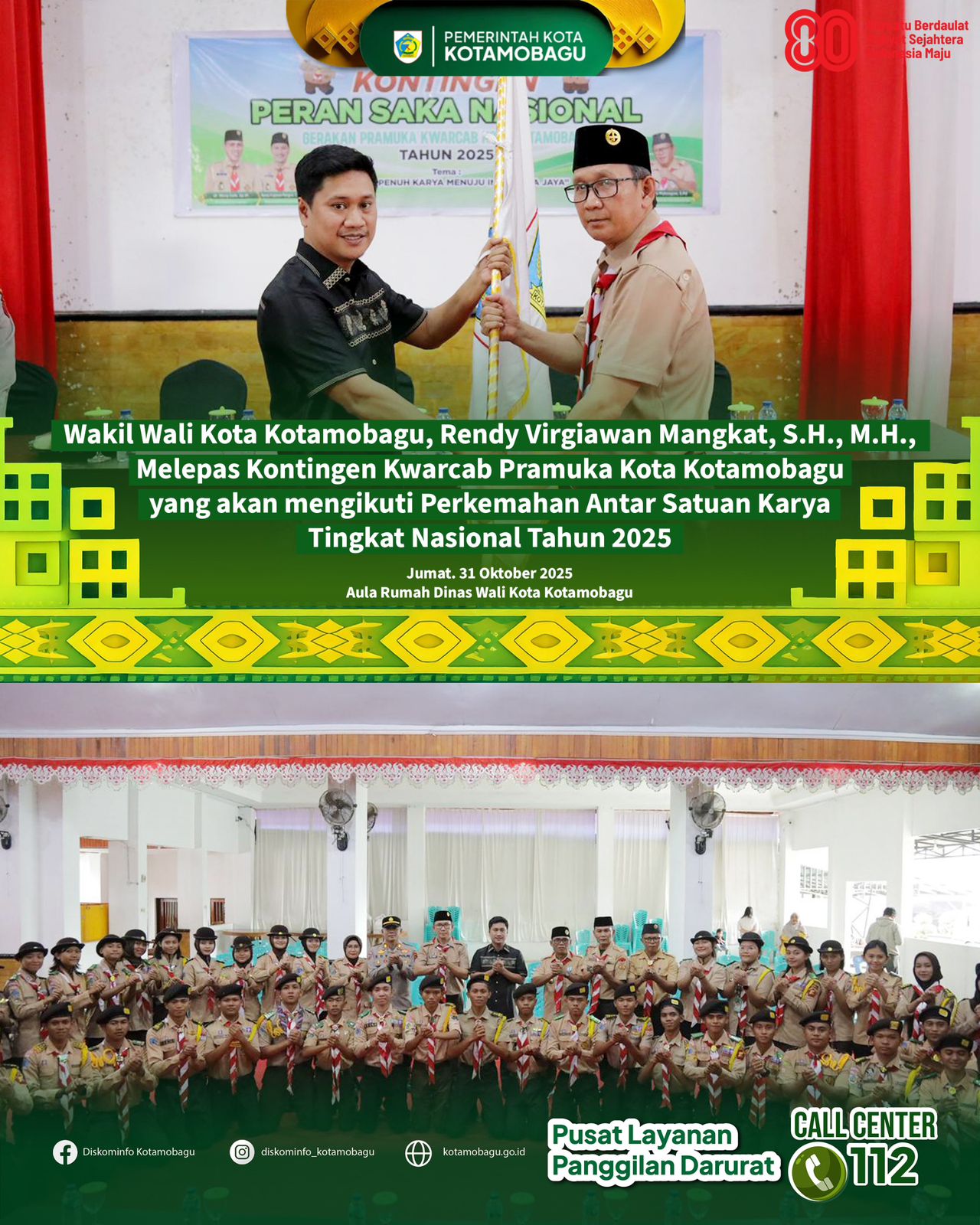 Wakil Wali Kota Kotamobagu, Rendy Virgiawan Mangkat melepas Kontingen Kwarcab Pramuka Kotamobagu.